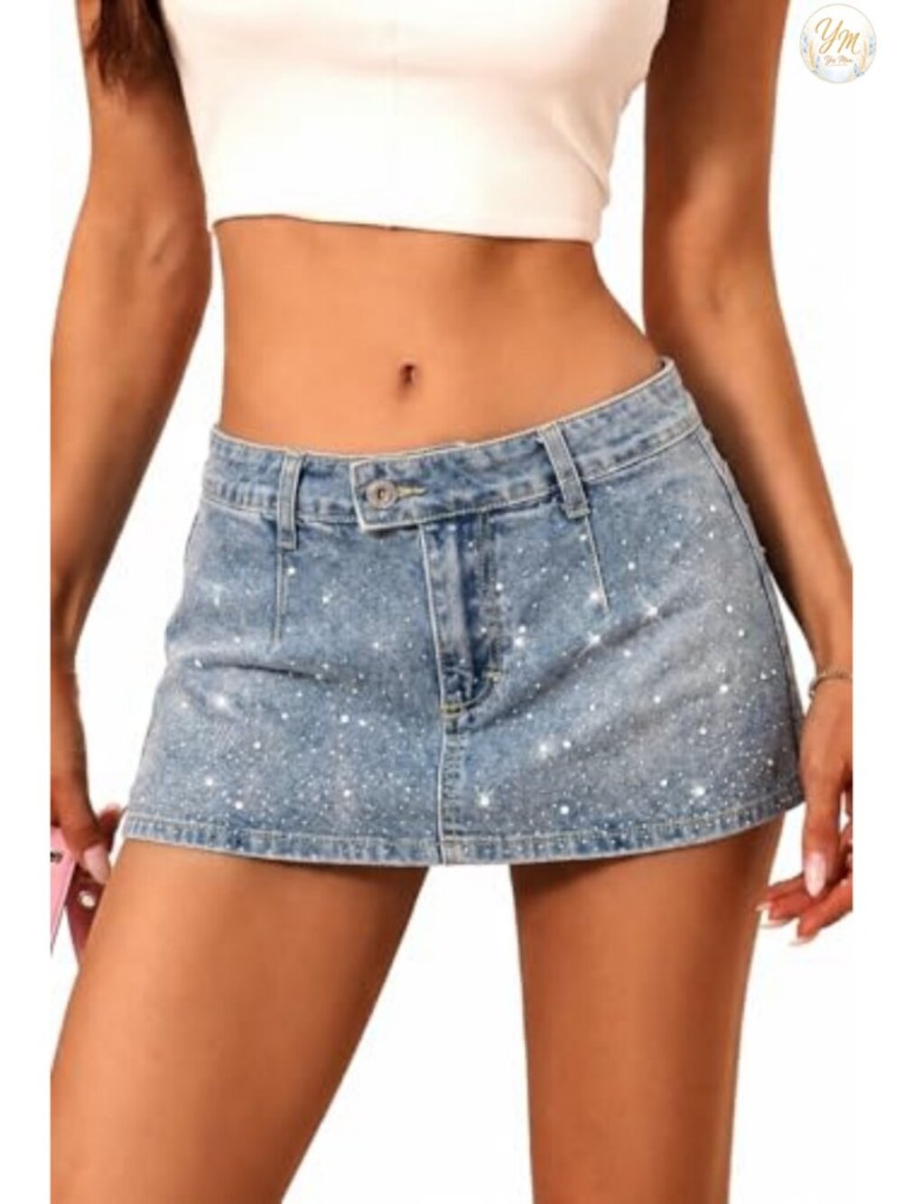 Low Rise Denim Mini Skirt with Built-in Shorts, High Stretch Cotton Skort